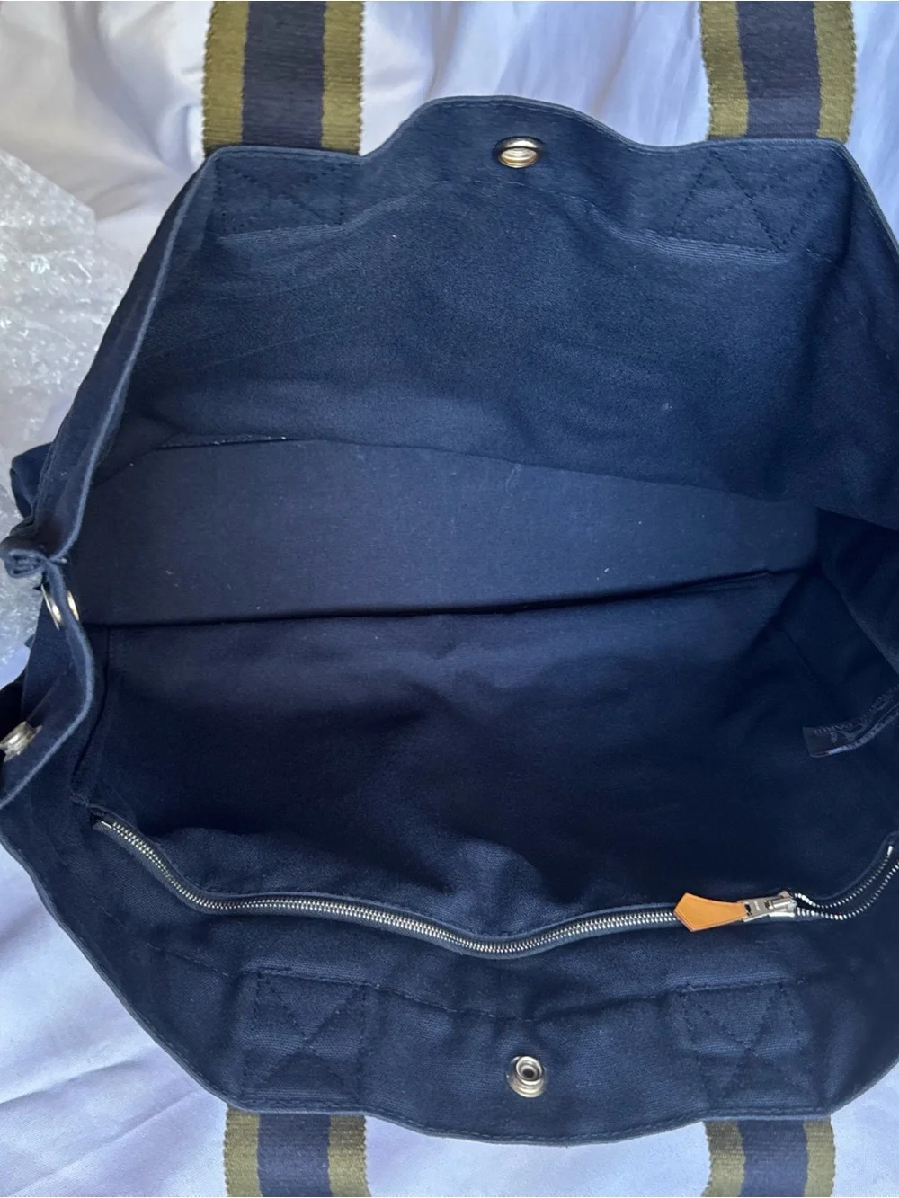 Hermes Navy Canvas Tote with Olive Straps